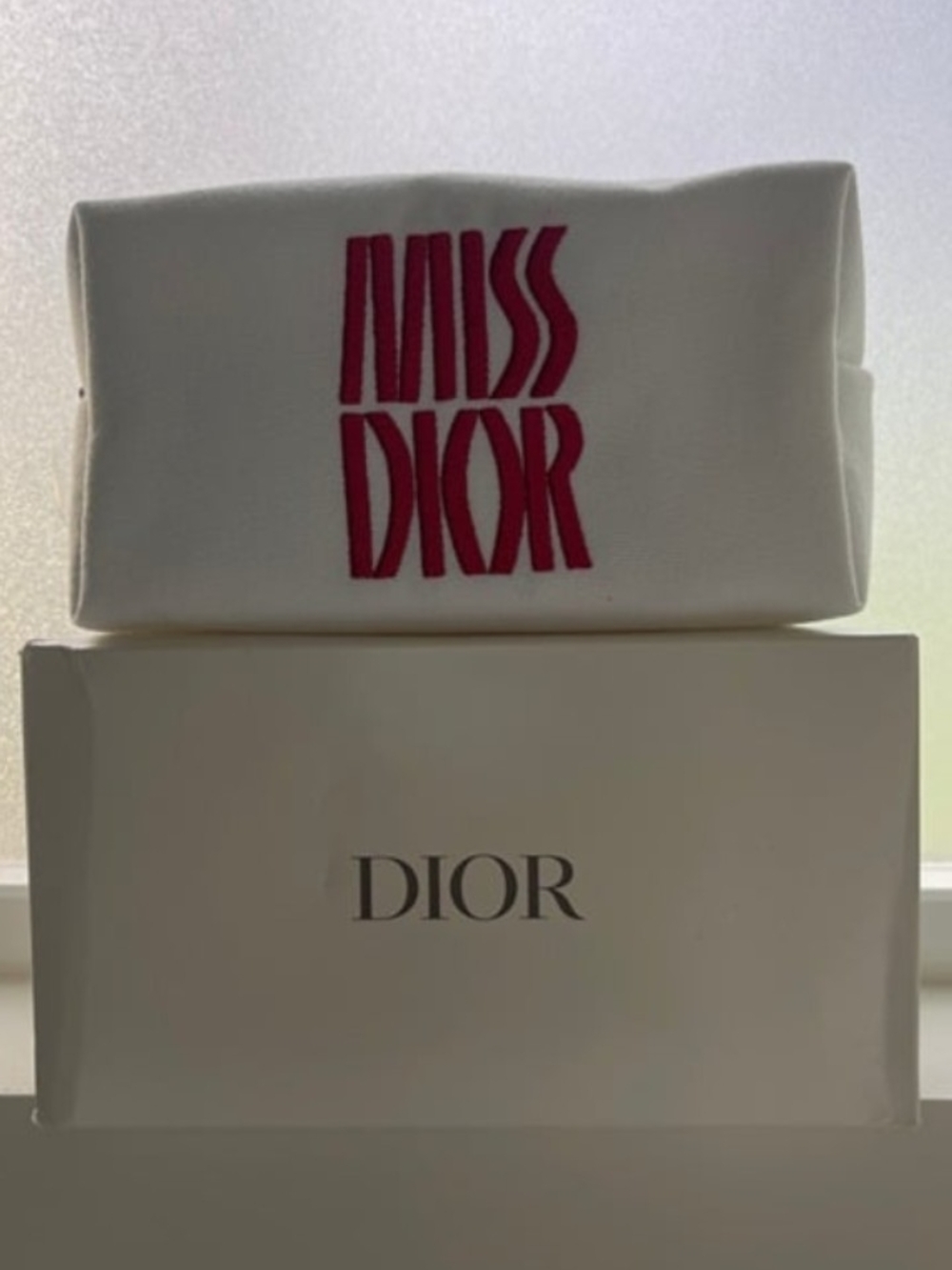 Dior Miss Dior White Canvas Cosmetic Pouch with Fuchsia Logo